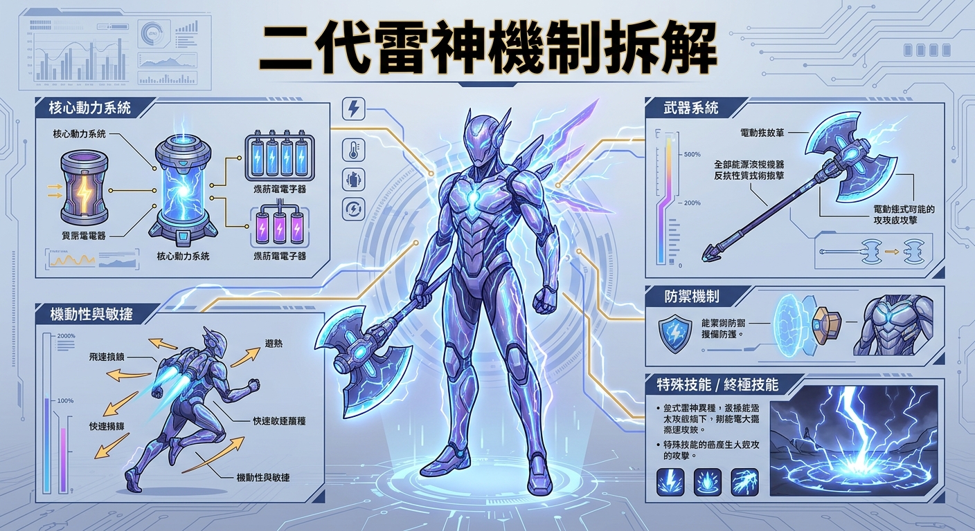 這張圖片是一份高科技風格的「二代雷神」機制拆解圖鑑，以藍色與紫色調展現未來科幻感。 畫面中央為全副武裝的二代雷神，周圍環繞著核心動力、武器系統與防禦機制的詳細結構圖解與數據分析。