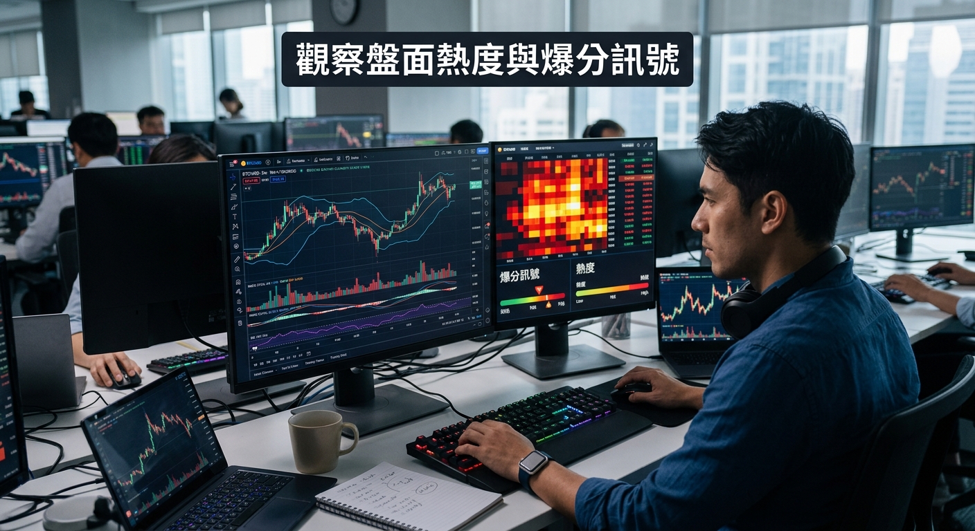 這張圖片展示了一位分析師在辦公室專注地看著多個螢幕，螢幕上呈現著股票走勢圖與熱力圖。 上方帶有醒目的標題「觀察盤面熱度與爆分訊號」，呈現出專業的金融數據分析與市場監控場景。