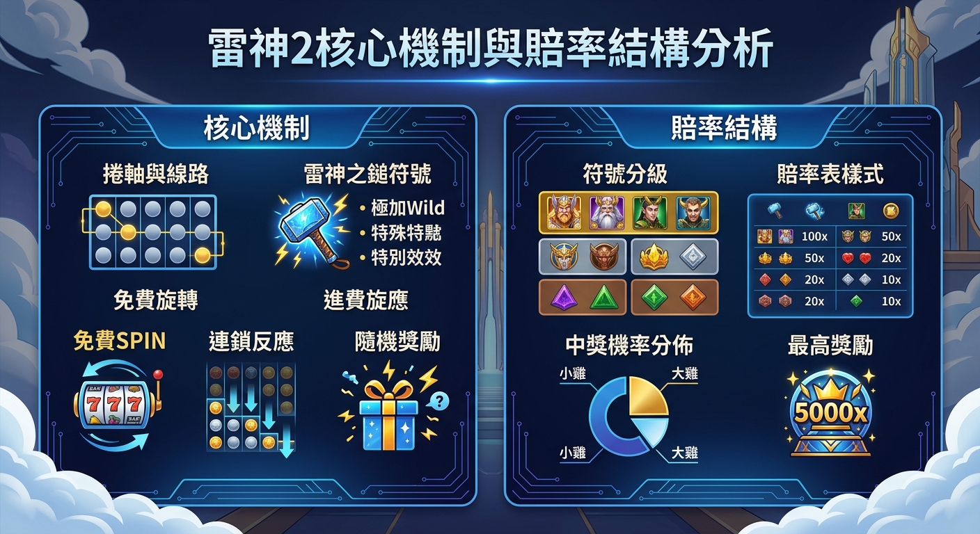 這張圖片是一個以藍色和金色為主色調的數值分析圖表,整體充滿神話與科技感的風格。 畫面頂部標有標題「雷神2核心機制與賠率結構分析」,下方則劃分為機制說明、賠率結構與數據分布等區塊。