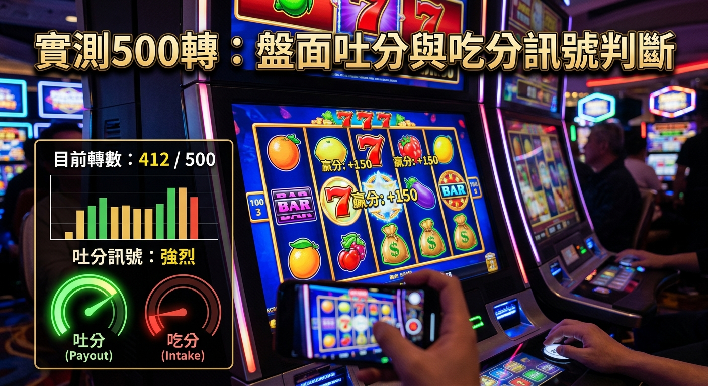 這張圖片展示了一台正在進行500轉測試的老虎機畫面,螢幕上呈現出帶有彩金與圖案的遊戲盤面。 左側則配有數據分析圖表與指標儀表板,頂部顯示醒目的標題「實測500轉:盤面吐分與吃分訊號判斷」。