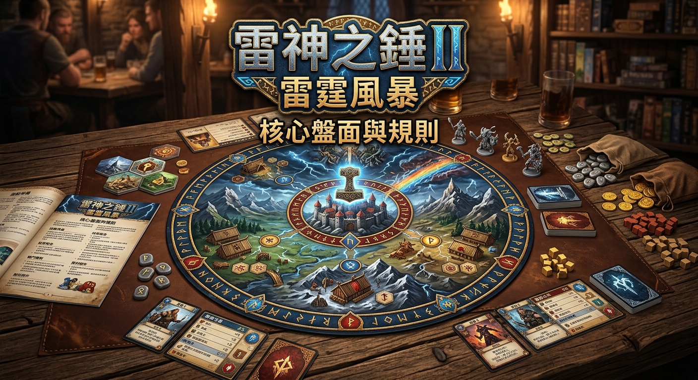 這張圖片展示了一桌精緻的《雷神之鎚 II 雷霆風暴》桌上遊戲，包含印有符文與神話地圖的圓形核心盤面、卡牌、微縮模型與規則書。 上方懸浮著立體質感的標題字樣「雷神之鎚II 雷霆風暴 核心盤面與規則」，整體氛圍充滿濃厚的史詩北歐神話風格。