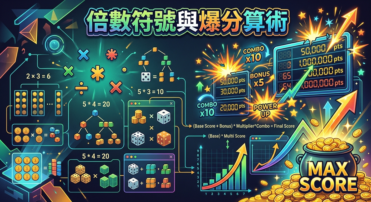 這張圖片呈現數位科技風的畫面，左半部展示乘法符號、算術算式與幾何圖形的結合，說明基礎得分機制。 右半部則運用金幣、 combo 乘數與暴增的數據圖表，呈現數字爆炸性增長與獲得高分的震撼視覺效果。