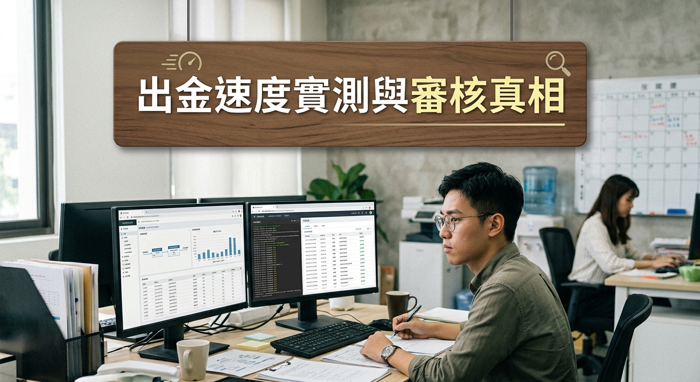 這張圖片展現了一個現代辦公室環境,一位男職員正專注於多螢幕前的數據與審核工作。 畫面上方設有醒目的木質標示牌,清晰標註著主題標題「出金速度實測與審核真相」。