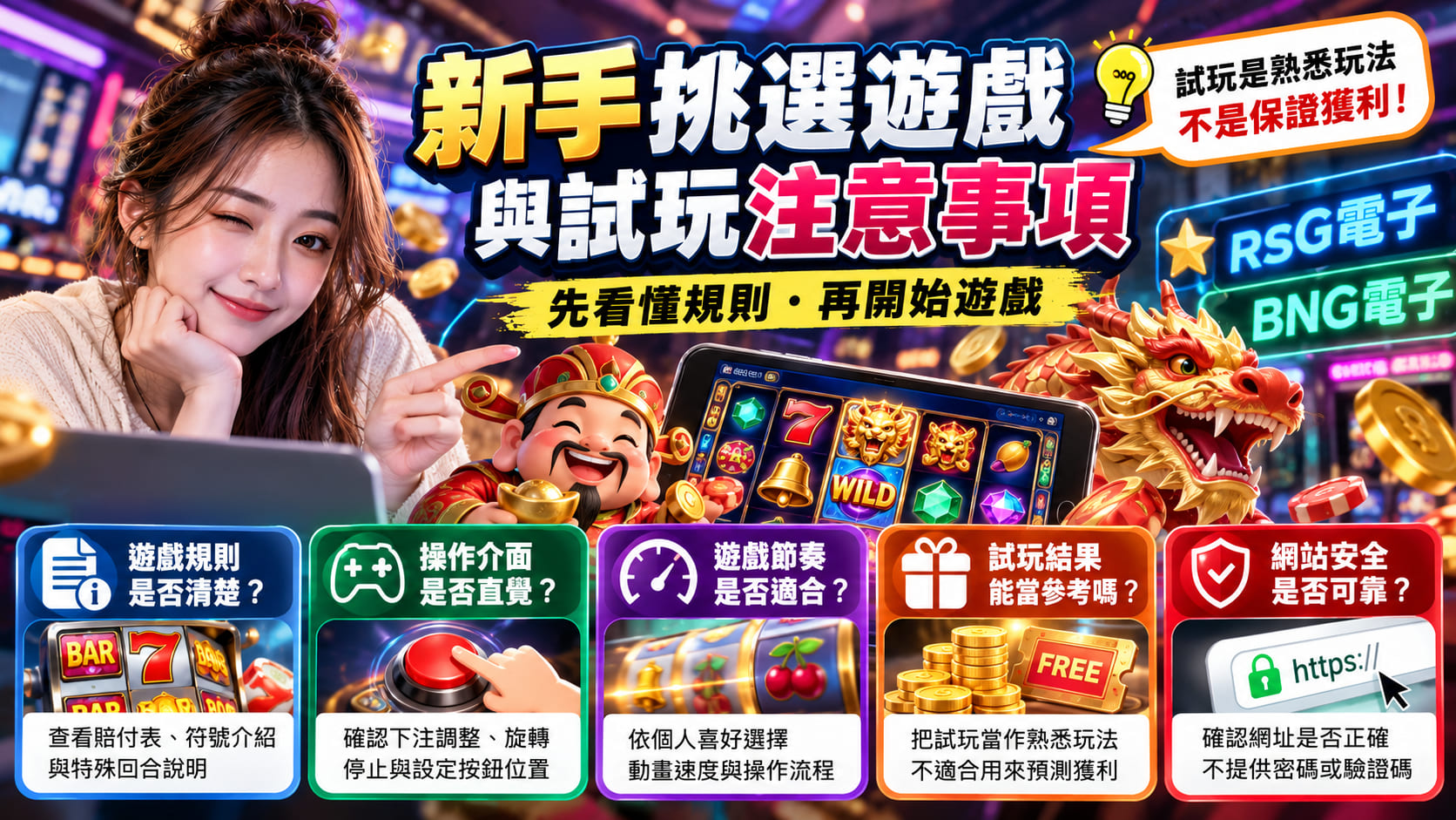 第一次接觸 RSG 電子遊戲?先熟悉操作介面、遊戲規則與特殊功能,再決定是否繼續體驗。 第一次接觸 RSG 電子遊戲?先熟悉操作介面、遊戲規則與特殊功能,再決定是否繼續體驗。